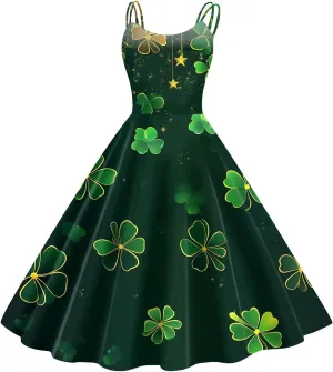 St Patricks Dress Ladies Dressy Vintage Sleeveless Midi Off Shoulder A-Line Swing Shamrock Print Dresses