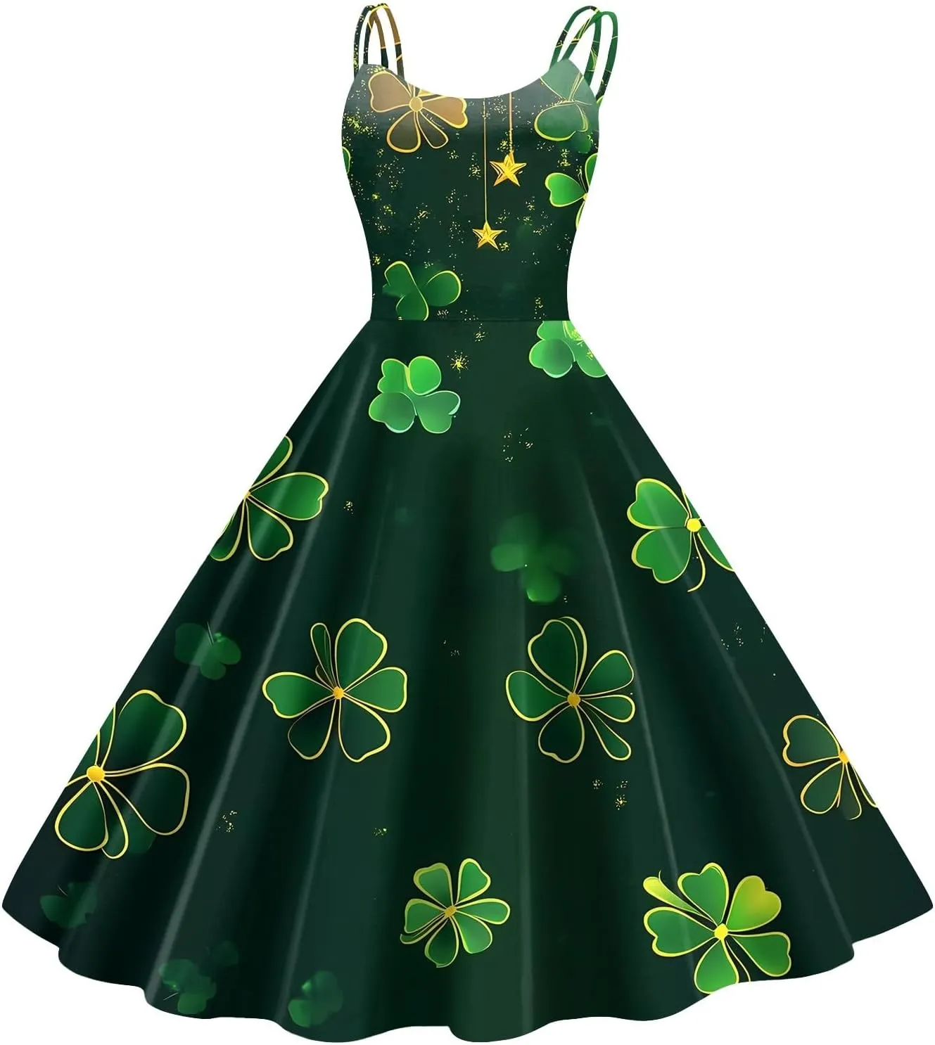 St Patricks Dress Ladies Dressy Vintage Sleeveless Midi Off Shoulder A-Line Swing Shamrock Print Dresses