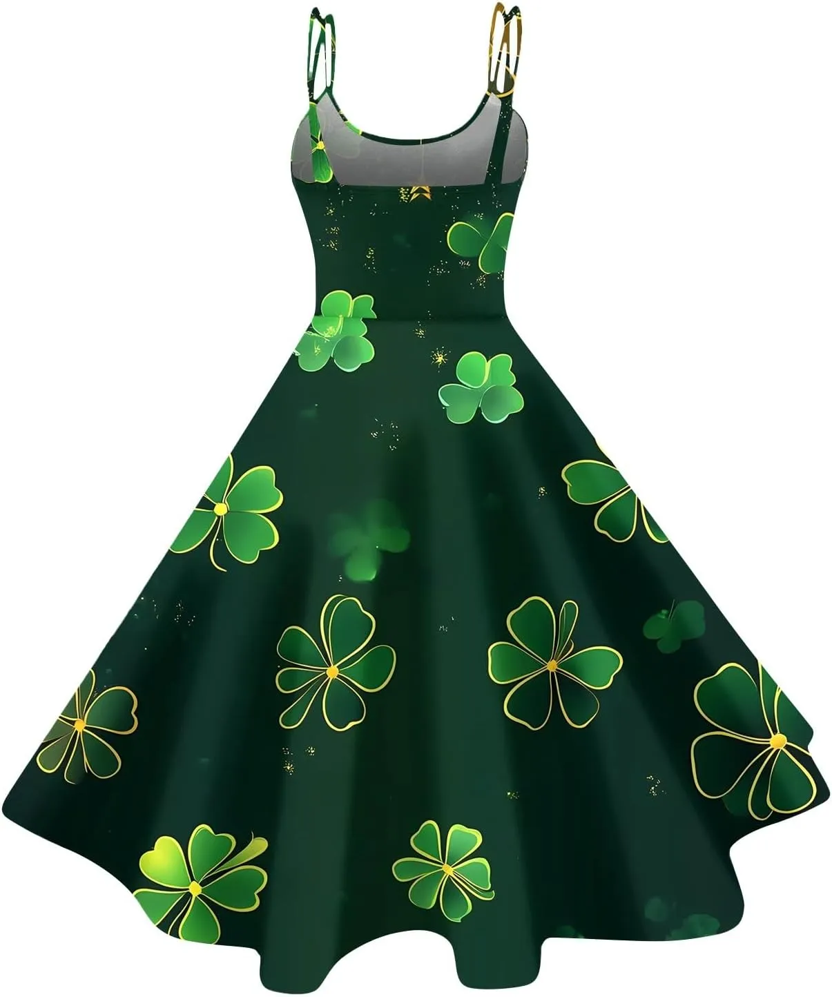 St Patricks Dress Ladies Dressy Vintage Sleeveless Midi Off Shoulder A-Line Swing Shamrock Print Dresses