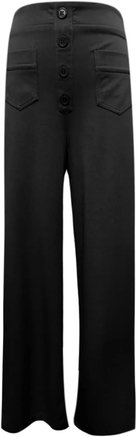 Straight Wide Leg Pants for Women Elastic High Waist Trendy Palazzo Pants Loose Button Down Flowy Trousers with Pockets