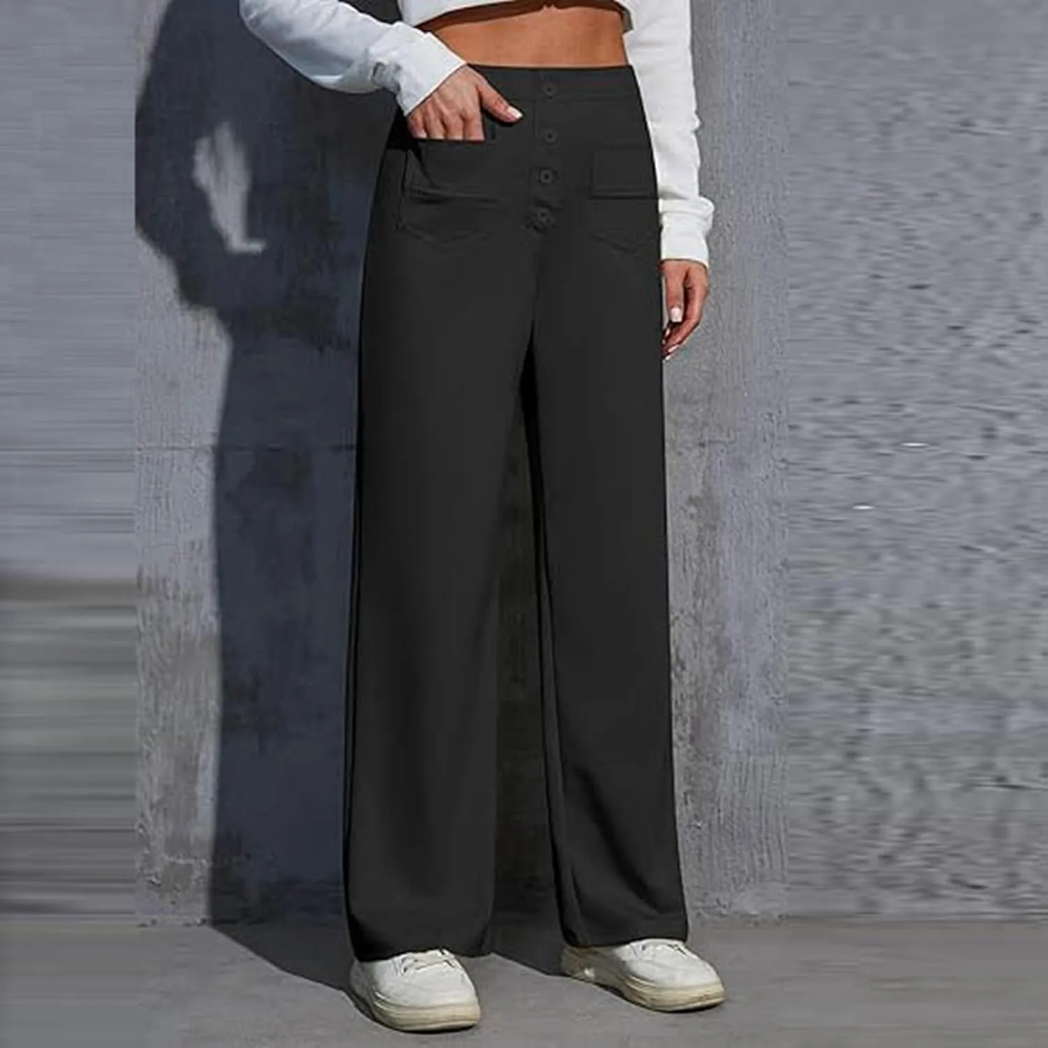Straight Wide Leg Pants for Women Elastic High Waist Trendy Palazzo Pants Loose Button Down Flowy Trousers with Pockets