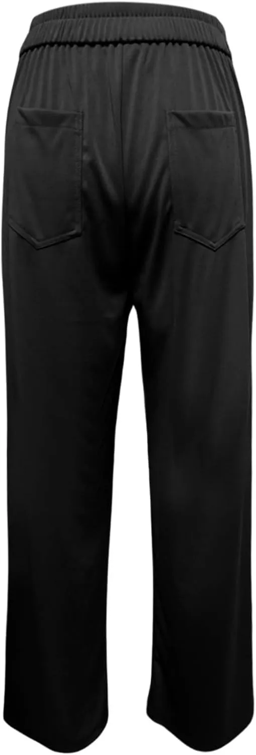 Straight Wide Leg Pants for Women Elastic High Waist Trendy Palazzo Pants Loose Button Down Flowy Trousers with Pockets