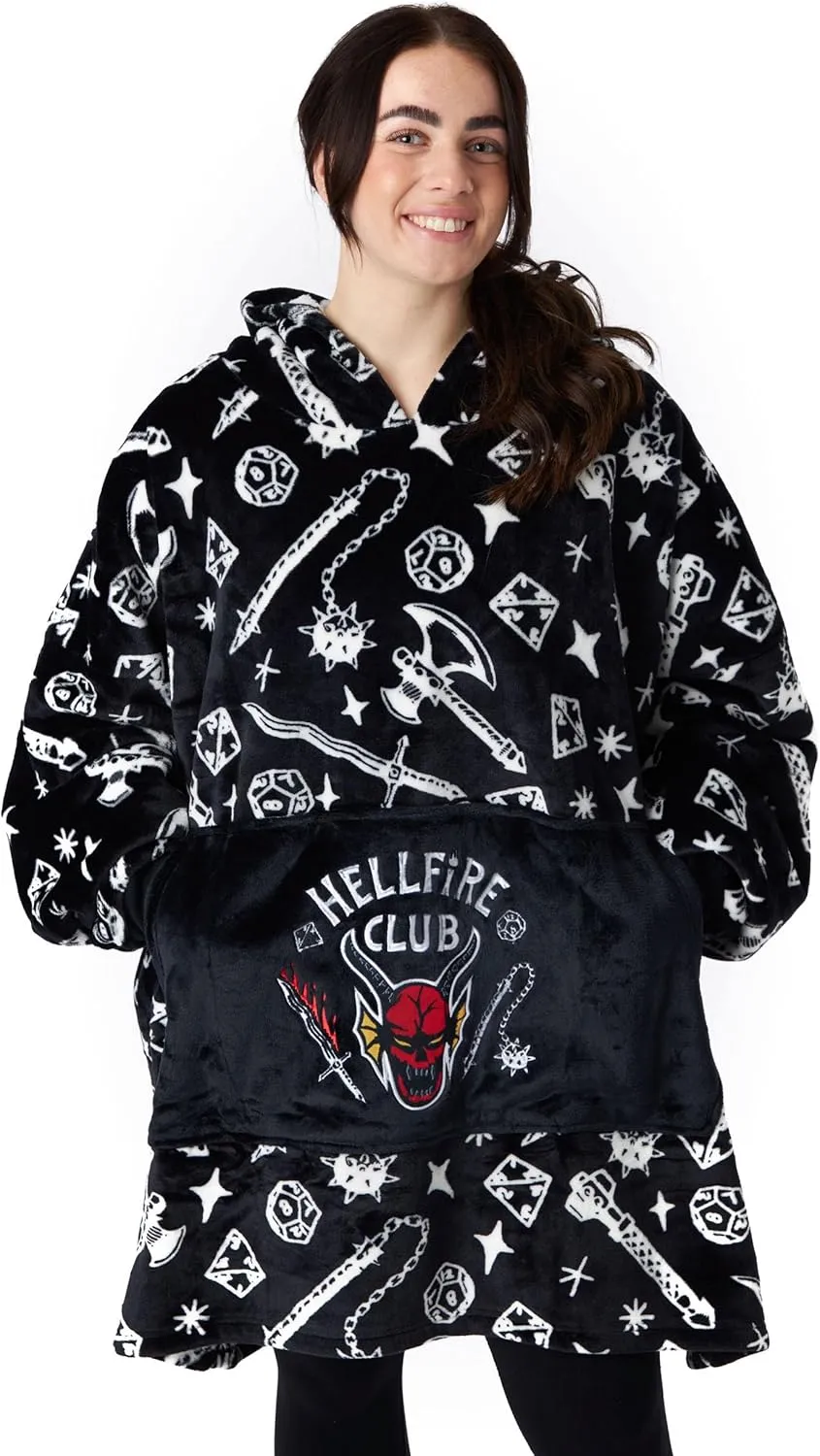 Stranger Things Adults Wearable Blanket Hoodie | Men & Womens Oversized Black Hooded Fleece Loungewear | Netflix Merchandise