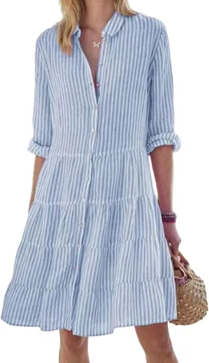 Striped Dress for Women Long Sleeve Lapel Neck Shirt Midi Dresses Summer Casual Loose Button Down A Line Dresses