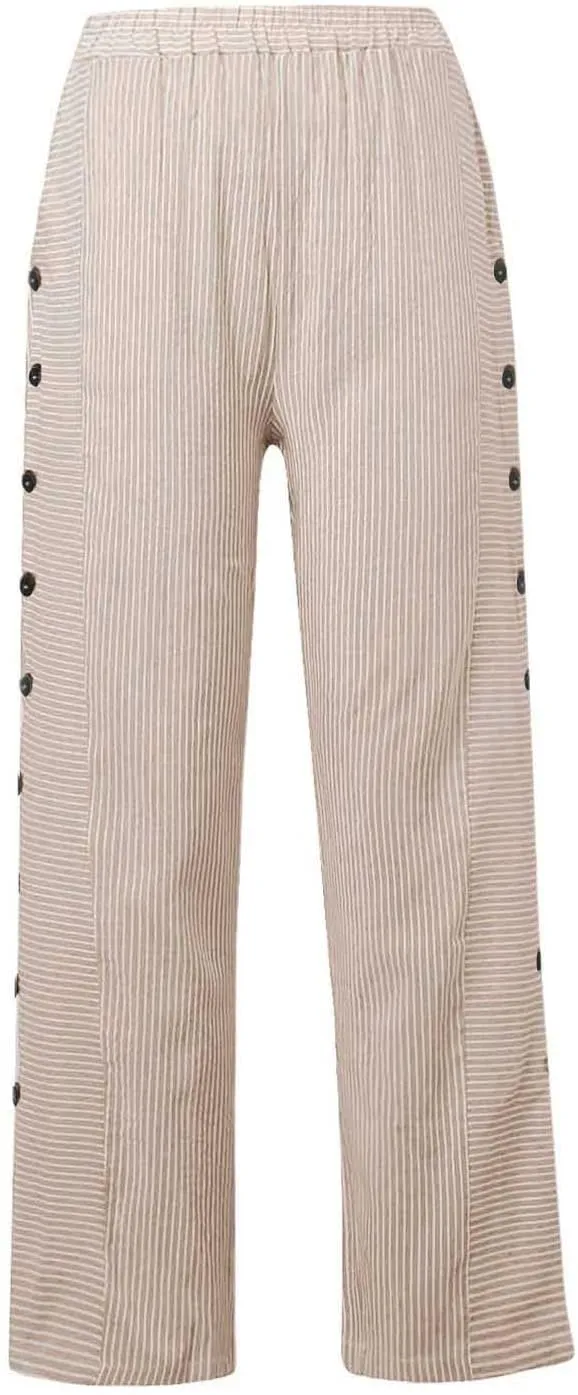 Striped Pants Women Summer Trendy Side Button Lightweight Elastic Waist Straight Leg Casual Trousers with Pockets