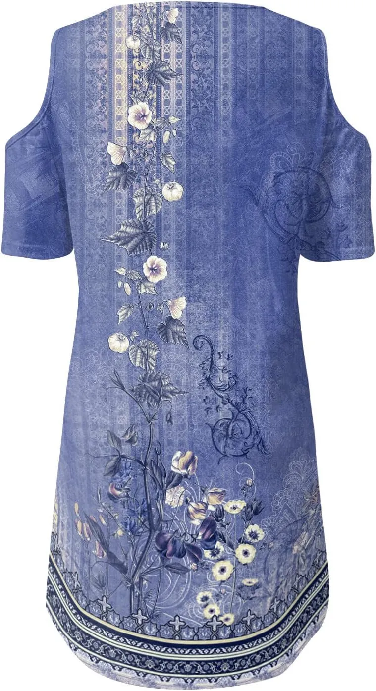 Summer Boho Dresses for Women 2024 Trendy Cold Shoulder Short Sleeve v Neck Tunic Dress Casual Floral Print Mini Dress