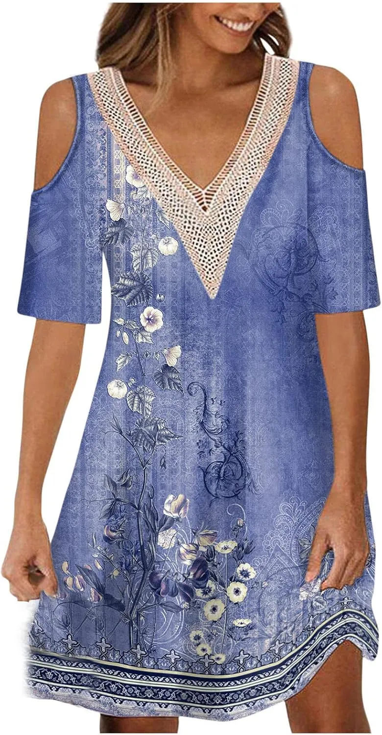 Summer Boho Dresses for Women 2024 Trendy Cold Shoulder Short Sleeve v Neck Tunic Dress Casual Floral Print Mini Dress