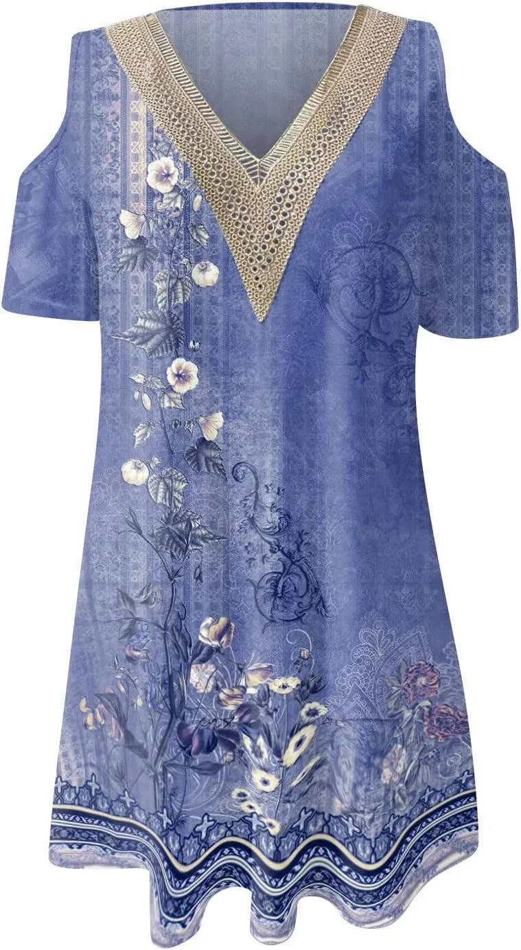 Summer Boho Dresses for Women 2024 Trendy Cold Shoulder Short Sleeve v Neck Tunic Dress Casual Floral Print Mini Dress