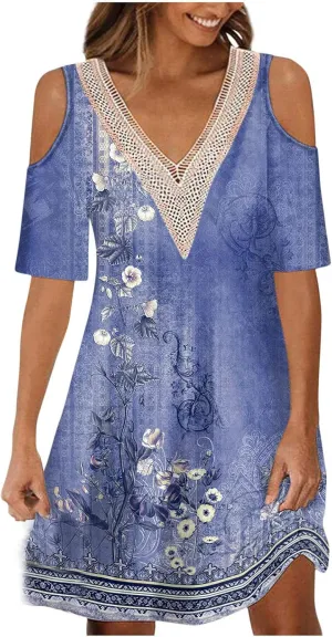 Summer Boho Dresses for Women 2024 Trendy Cold Shoulder Short Sleeve v Neck Tunic Dress Casual Floral Print Mini Dress