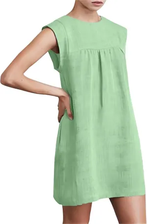 Summer Cotton Linen Dress for Women Casual Sleeveless Crewneck Ruched Sundress Plus Size Solid Loose Beach Dresses
