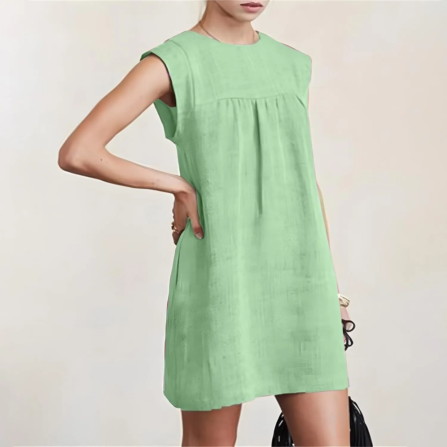 Summer Cotton Linen Dress for Women Casual Sleeveless Crewneck Ruched Sundress Plus Size Solid Loose Beach Dresses