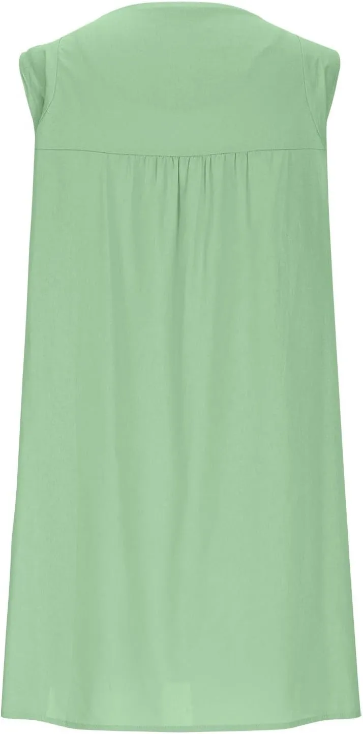 Summer Cotton Linen Dress for Women Casual Sleeveless Crewneck Ruched Sundress Plus Size Solid Loose Beach Dresses
