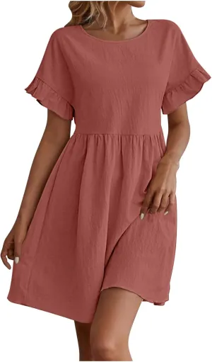 Summer Cotton Linen Dresses for Women Casual Ruffle Short Sleeve Round Neck High Waist A-Line Mini Dress
