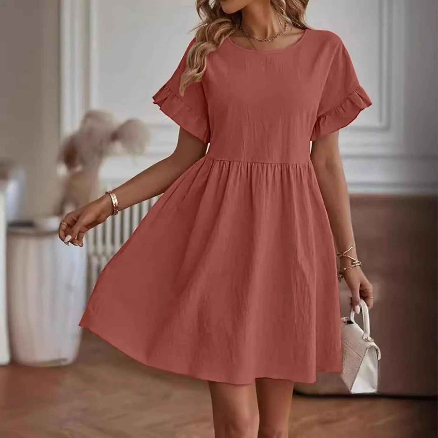Summer Cotton Linen Dresses for Women Casual Ruffle Short Sleeve Round Neck High Waist A-Line Mini Dress