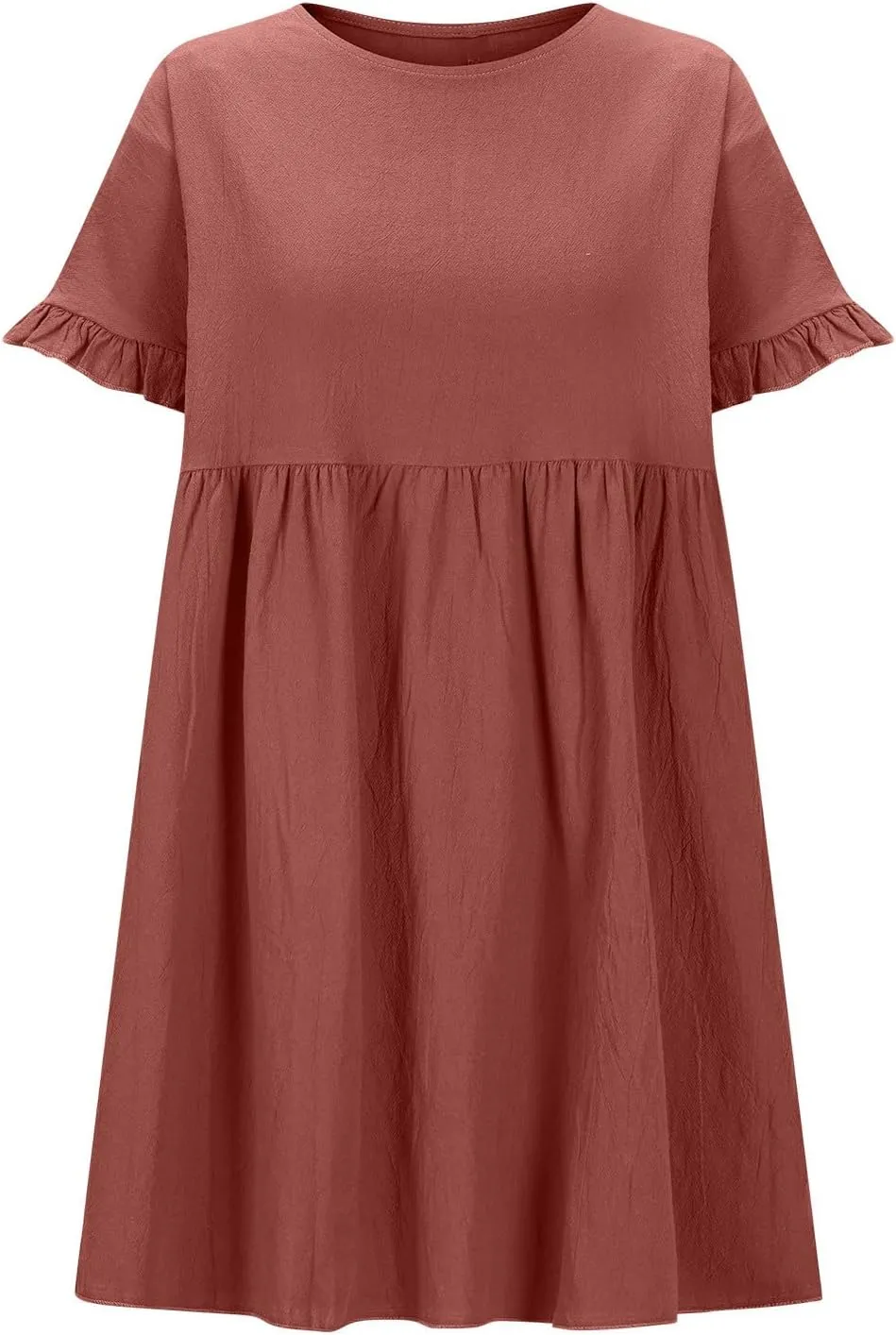 Summer Cotton Linen Dresses for Women Casual Ruffle Short Sleeve Round Neck High Waist A-Line Mini Dress