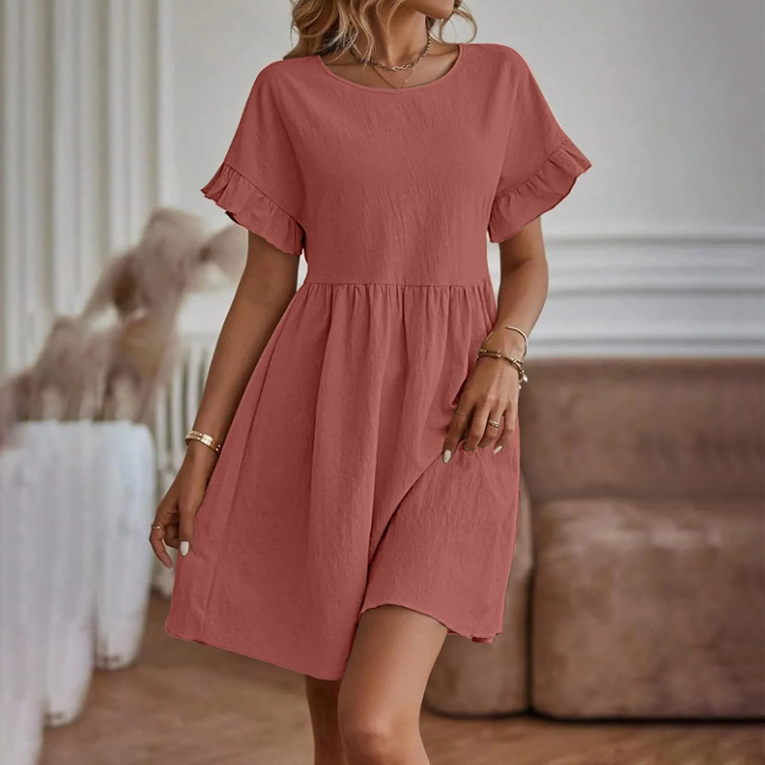 Summer Cotton Linen Dresses for Women Casual Ruffle Short Sleeve Round Neck High Waist A-Line Mini Dress