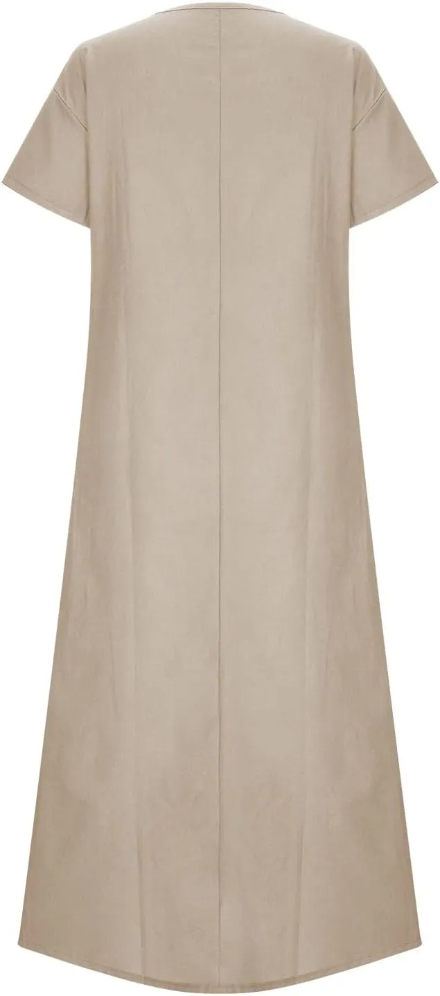 Summer Dress for Women Plus Size Short Sleeve Linen Shirt Dresses Crewneck Maxi Dress Business Casual Dresses