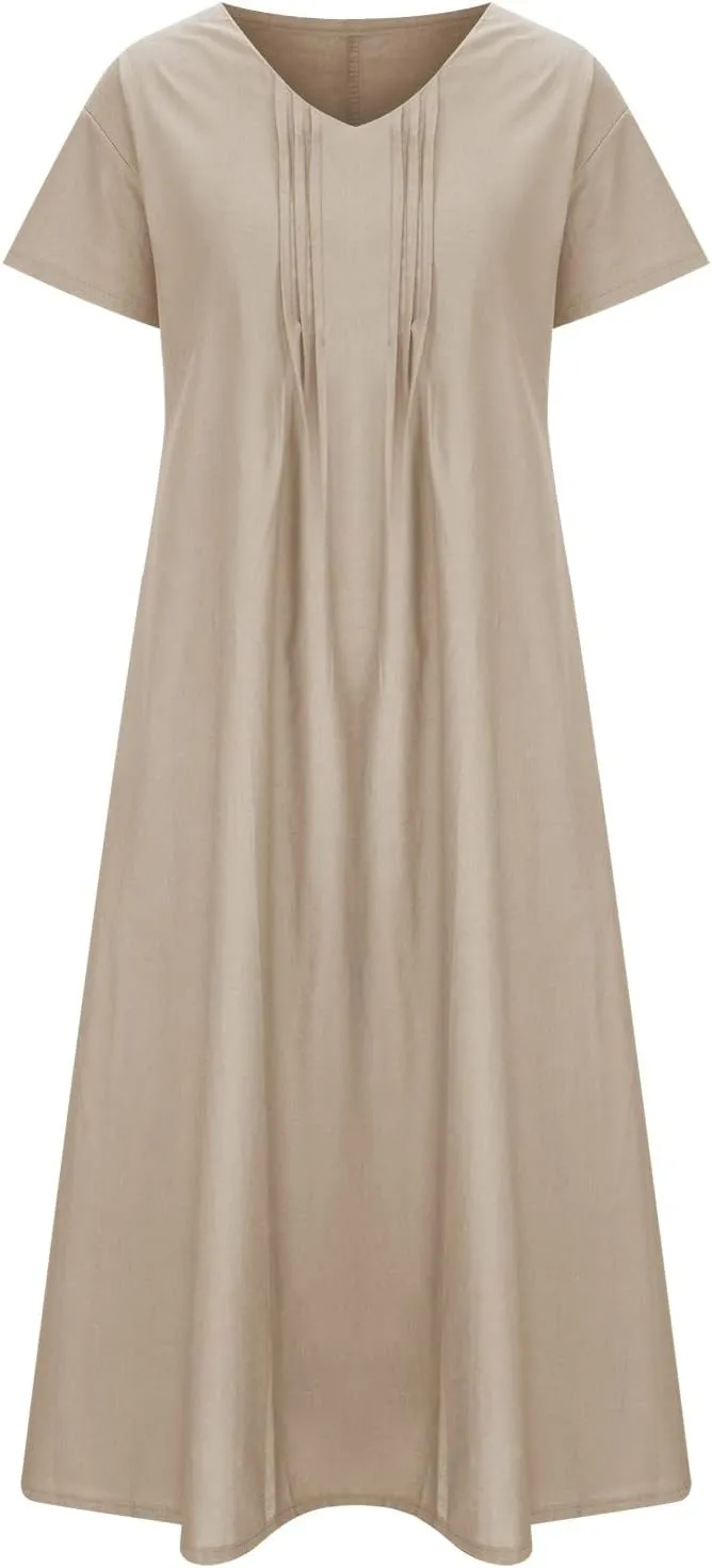 Summer Dress for Women Plus Size Short Sleeve Linen Shirt Dresses Crewneck Maxi Dress Business Casual Dresses