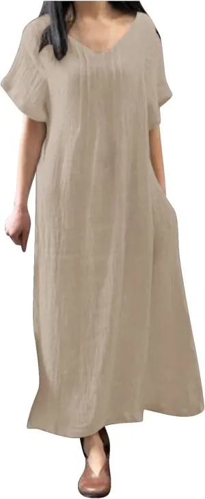 Summer Dress for Women Plus Size Short Sleeve Linen Shirt Dresses Crewneck Maxi Dress Business Casual Dresses