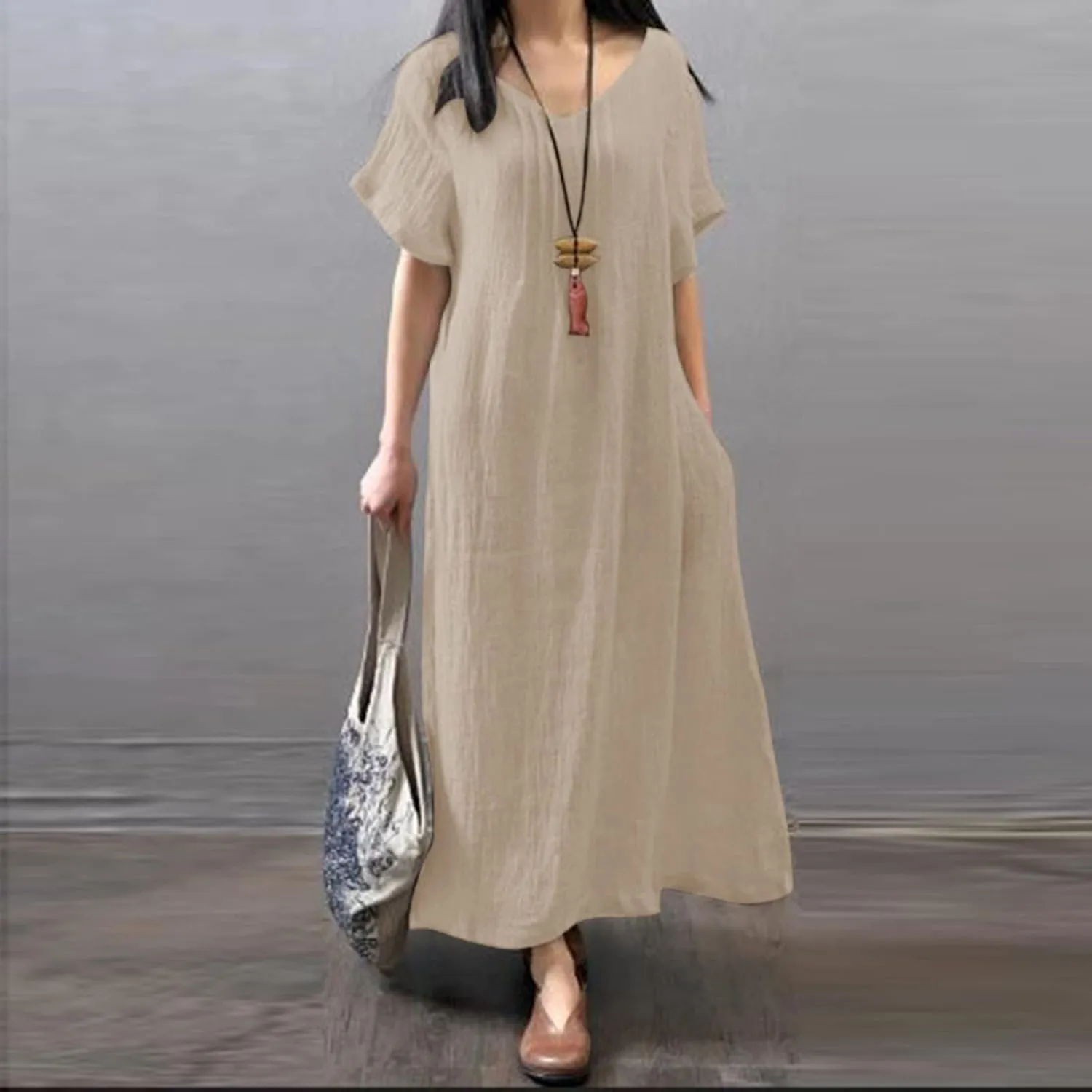 Summer Dress for Women Plus Size Short Sleeve Linen Shirt Dresses Crewneck Maxi Dress Business Casual Dresses