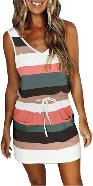 Summer Dresses for Women 2024 Casual V-Neck Sleeveless Bandage Stripe Printing Sundresses Loose Vest Sling Dress