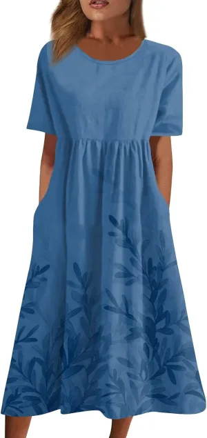 Summer Dresses for Women 2025 Below The Knee Short Sleeve Cover Up Crewneck Print Swing Beach Dress 2025 Boho Tshirt Dress