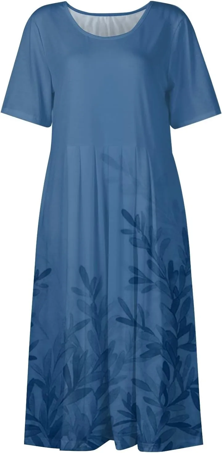 Summer Dresses for Women 2025 Below The Knee Short Sleeve Cover Up Crewneck Print Swing Beach Dress 2025 Boho Tshirt Dress
