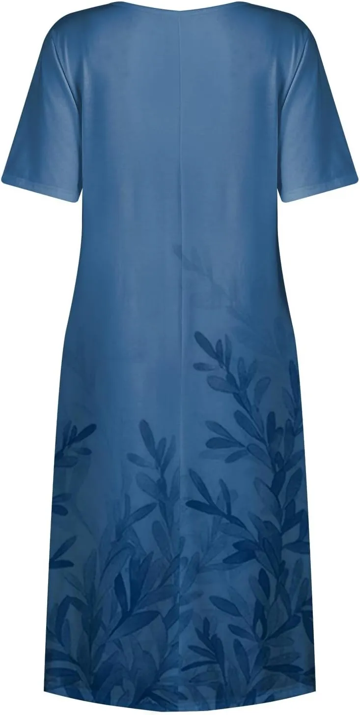Summer Dresses for Women 2025 Below The Knee Short Sleeve Cover Up Crewneck Print Swing Beach Dress 2025 Boho Tshirt Dress