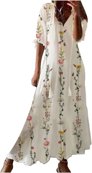 Summer Dresses for Women 2025 Boho Floral Print Long Dress Plus Size Maxi Sundress Flowy Beach Vacation Dress Outfits