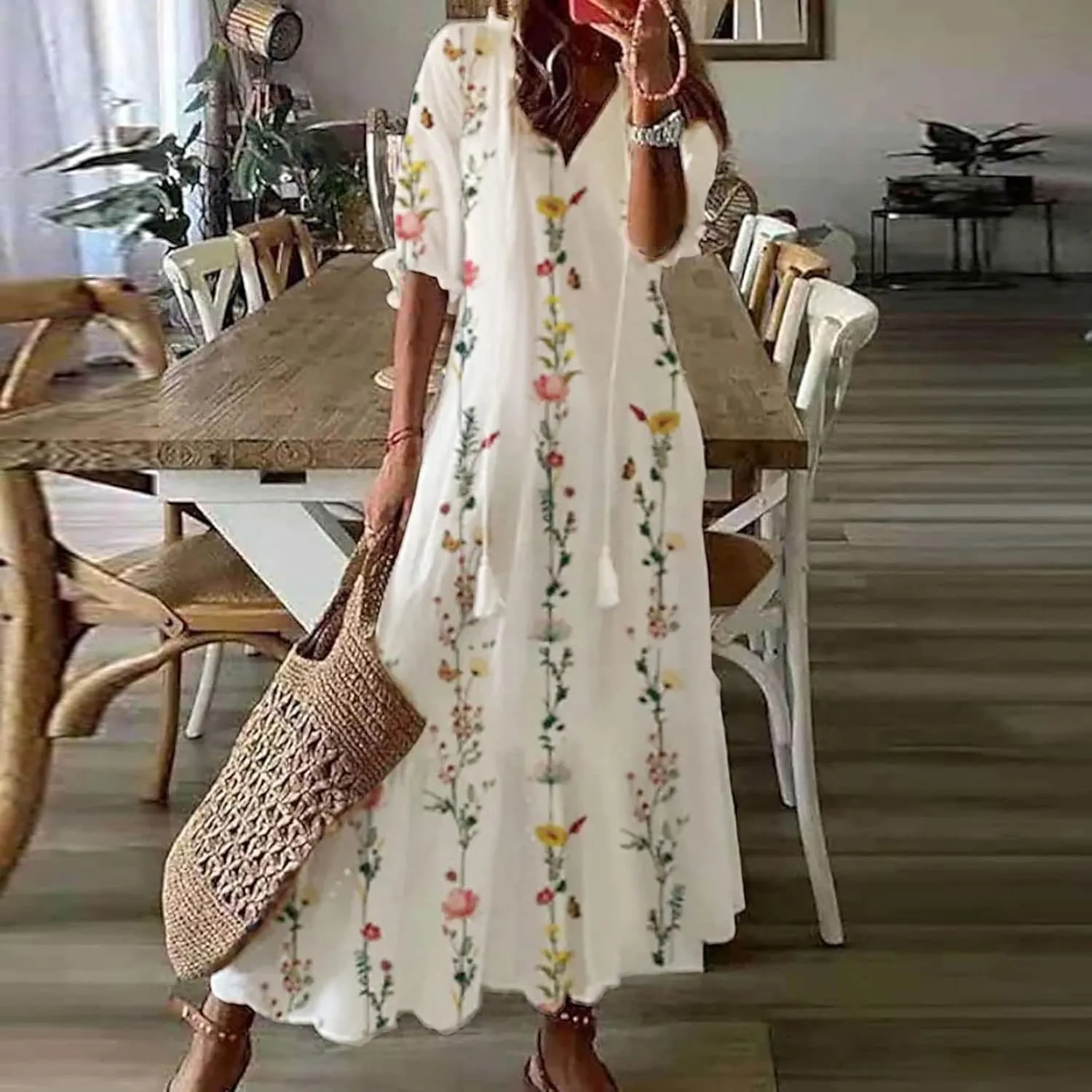 Summer Dresses for Women 2025 Boho Floral Print Long Dress Plus Size Maxi Sundress Flowy Beach Vacation Dress Outfits