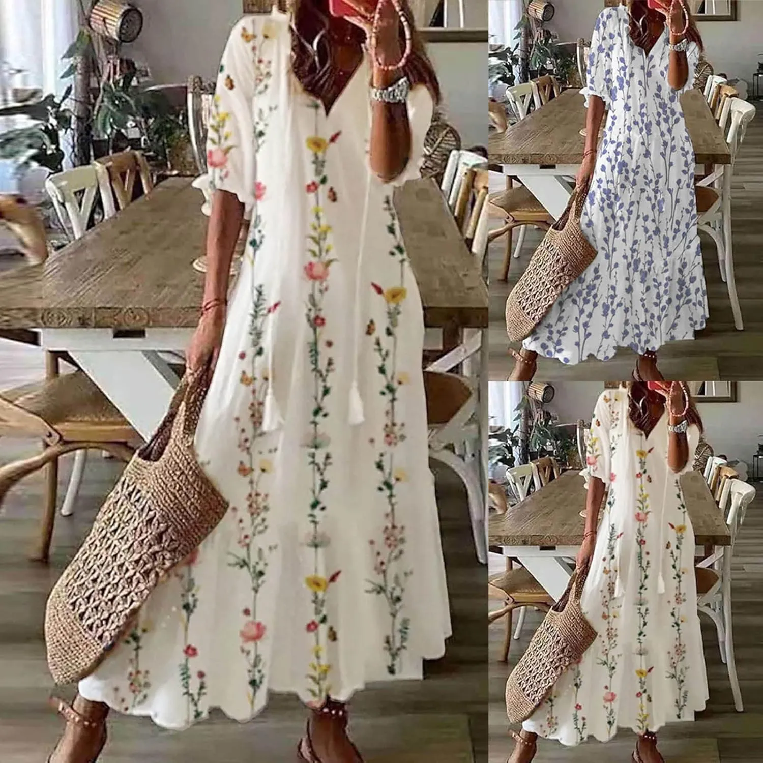 Summer Dresses for Women 2025 Boho Floral Print Long Dress Plus Size Maxi Sundress Flowy Beach Vacation Dress Outfits