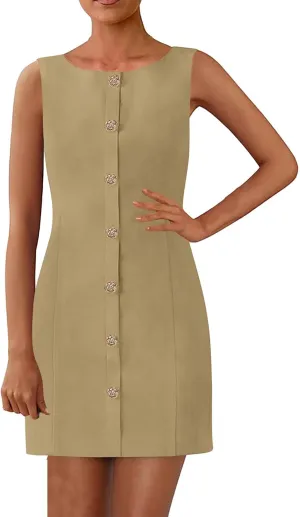 Summer Dresses for Women 2025 Business Sleeveless Button Down Mini Dress Elegant Work Office Formal Dresses