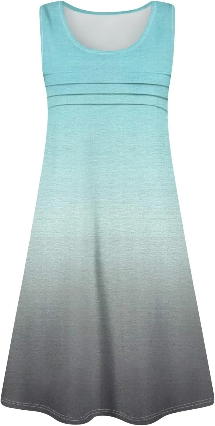 Summer Dresses for Women 2025 Casual Crewneck Sleeveless Tunic Dress Gradient Color Flowy Sundress with Pockets