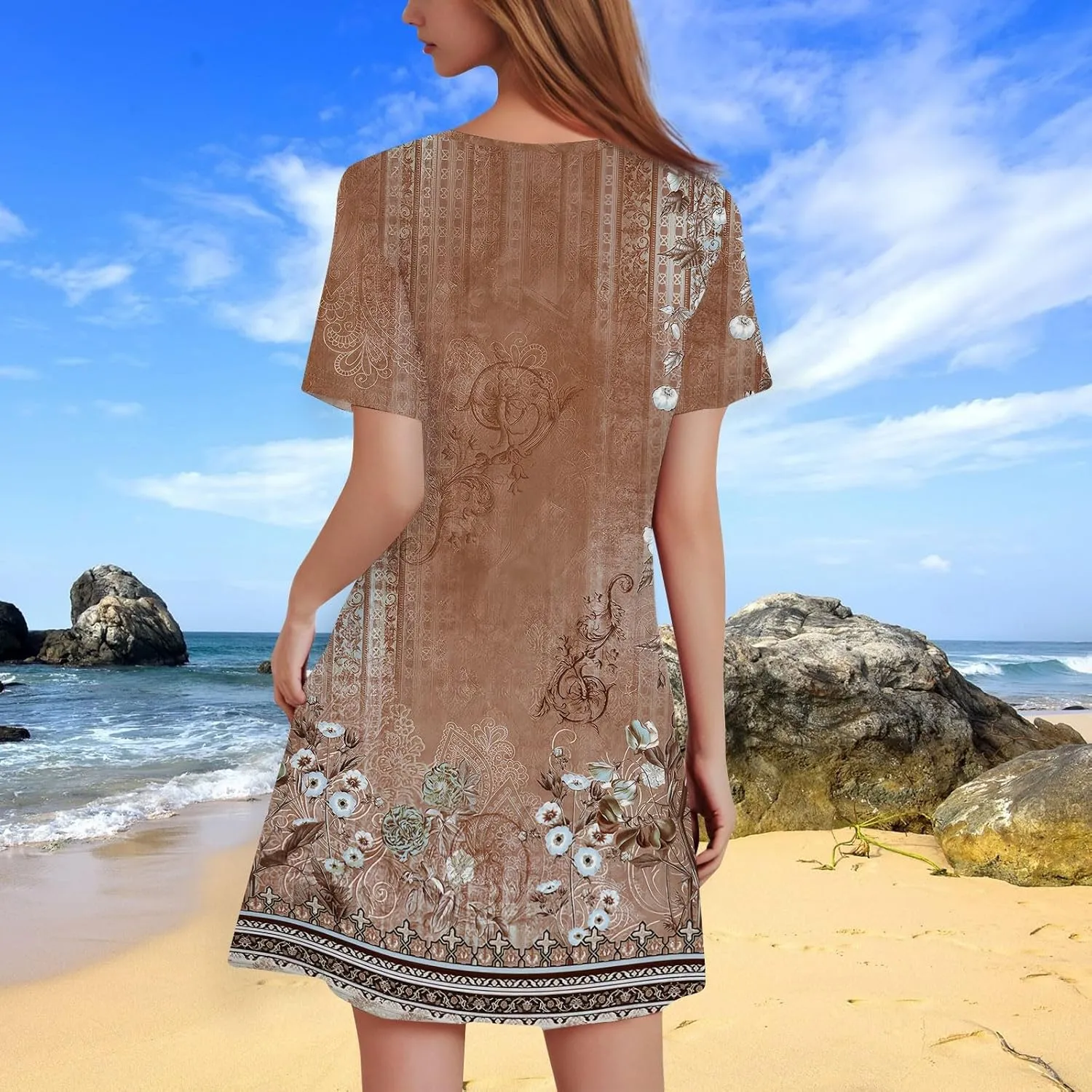Summer Dresses for Women 2025 Floral A-Line Dresses Casual Flowy Beach Mini Dress Short Sleeve Loose T Shirt Dress