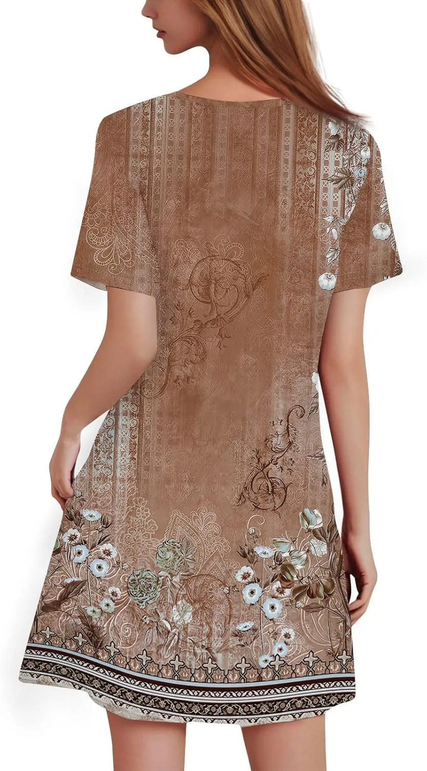 Summer Dresses for Women 2025 Floral A-Line Dresses Casual Flowy Beach Mini Dress Short Sleeve Loose T Shirt Dress