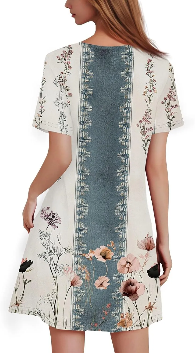 Summer Dresses for Women 2025 Floral A-Line Dresses Flowy Short Sleeve T Shirt Dress Casual Loose Beach Mini Dress