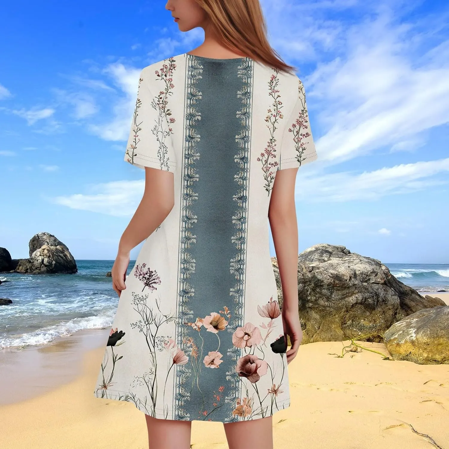 Summer Dresses for Women 2025 Floral A-Line Dresses Flowy Short Sleeve T Shirt Dress Casual Loose Beach Mini Dress