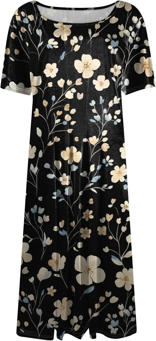 Summer Dresses for Women 2025 Flowy Midi Dresses Aline Beach Tshirt Dress Floral Short Sleeve Dress with Pockets