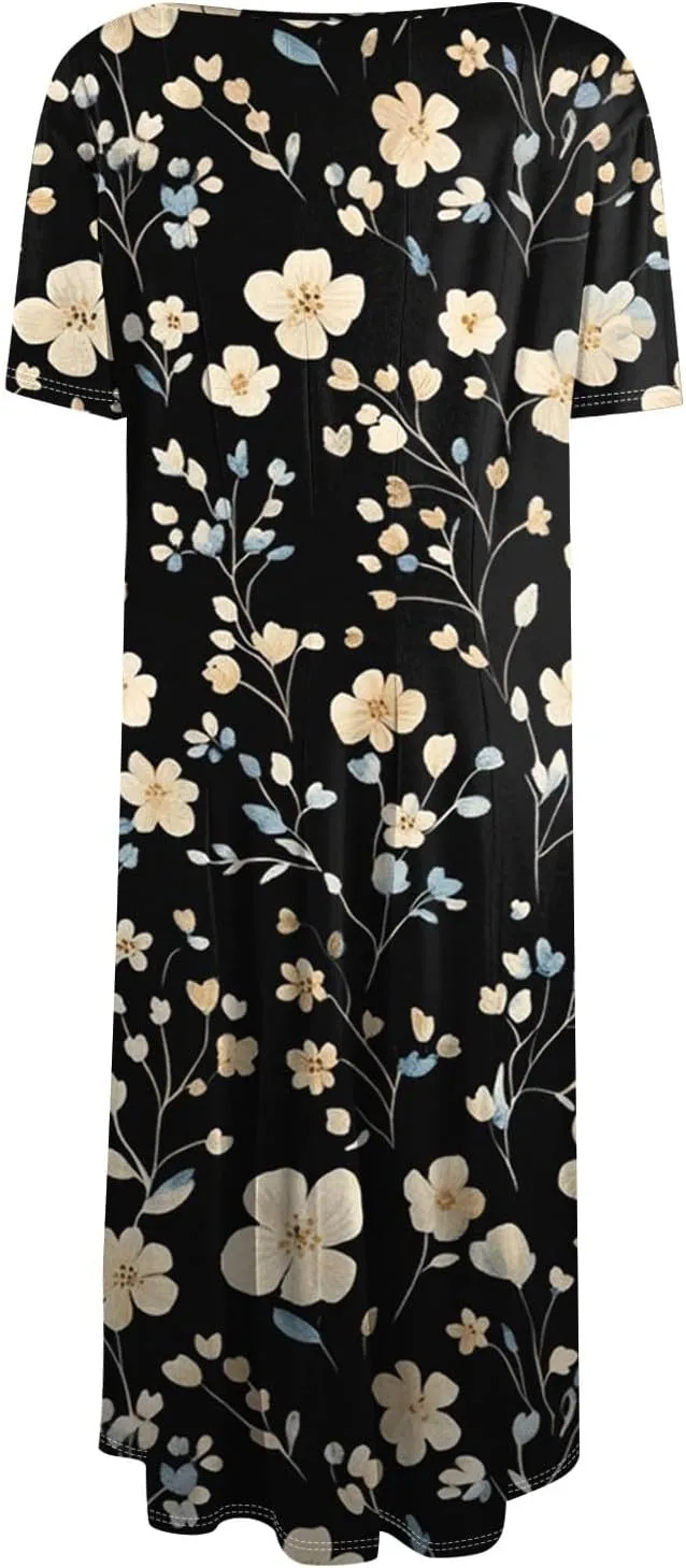 Summer Dresses for Women 2025 Flowy Midi Dresses Aline Beach Tshirt Dress Floral Short Sleeve Dress with Pockets