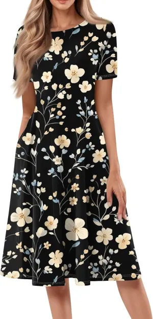 Summer Dresses for Women 2025 Flowy Midi Dresses Aline Beach Tshirt Dress Floral Short Sleeve Dress with Pockets