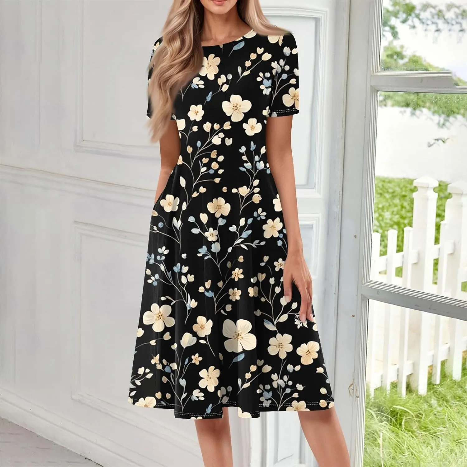Summer Dresses for Women 2025 Flowy Midi Dresses Aline Beach Tshirt Dress Floral Short Sleeve Dress with Pockets