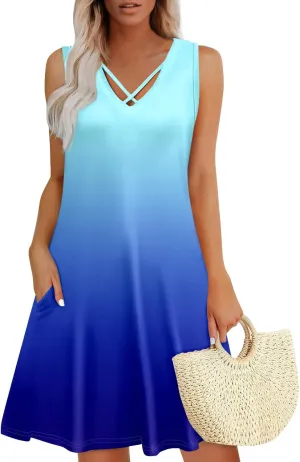 Summer Dresses for Women 2025 Loose Boho Beach Tank Dress V Neck Casual T Shirt Dresses Floral Sleeveless Sundresses