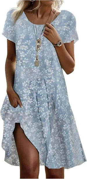 Summer Dresses for Women 2025 Trendy Casual Short Sleeve Flowy Boho Petite Tshirt Dress Beach Vacation Clothes