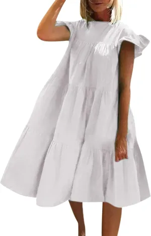 Summer Dresses for Women 2025,Women 's Plus Size Flowy Mini Dress Crew Neck Ruffle Short Sleeve Tiered Flowy Dresses