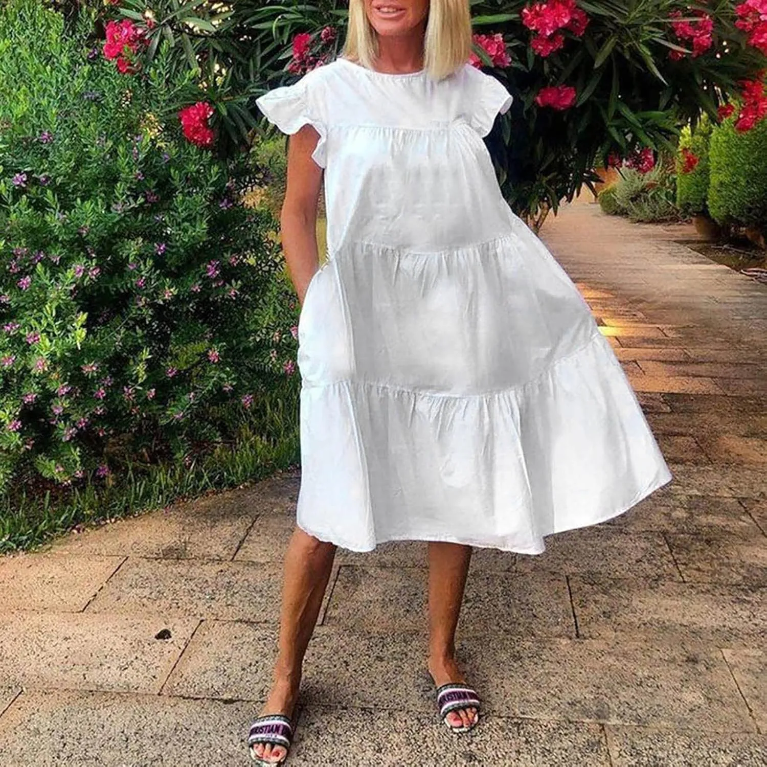 Summer Dresses for Women 2025,Women 's Plus Size Flowy Mini Dress Crew Neck Ruffle Short Sleeve Tiered Flowy Dresses
