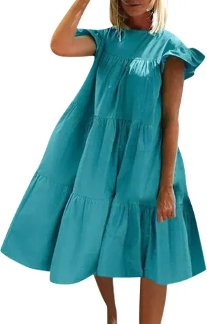 Summer Dresses for Women 2025,Women 's Plus Size Flowy Mini Dress Crew Neck Ruffle Short Sleeve Tiered Flowy Dresses