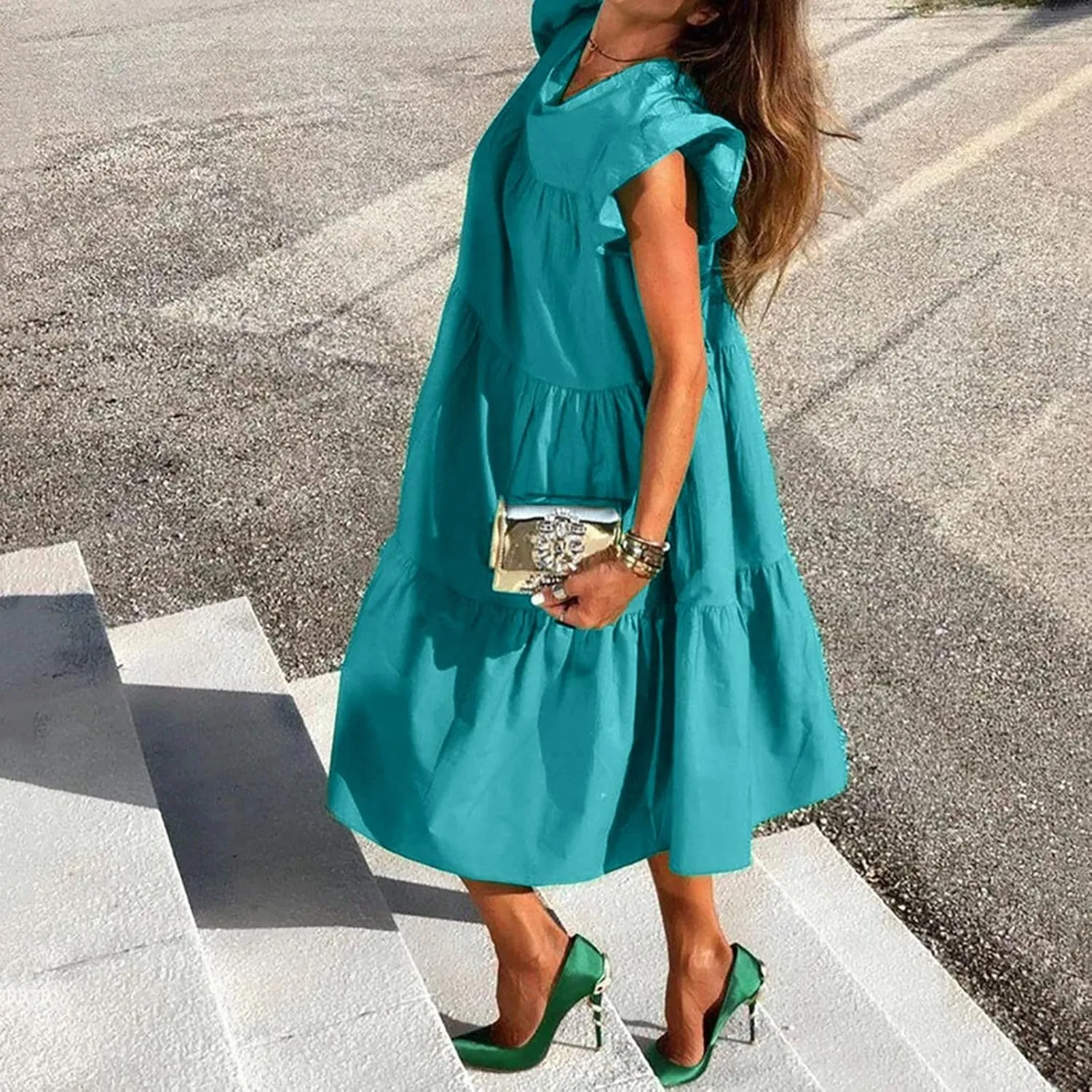 Summer Dresses for Women 2025,Women 's Plus Size Flowy Mini Dress Crew Neck Ruffle Short Sleeve Tiered Flowy Dresses