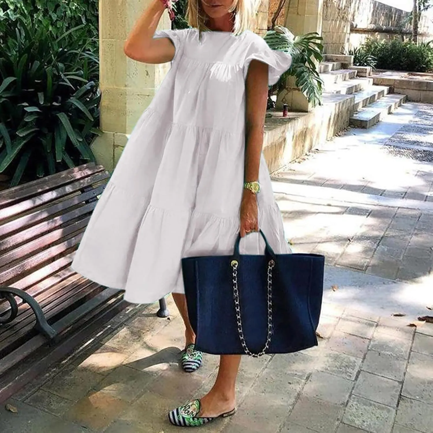 Summer Dresses for Women 2025,Women 's Plus Size Flowy Mini Dress Crew Neck Ruffle Short Sleeve Tiered Flowy Dresses