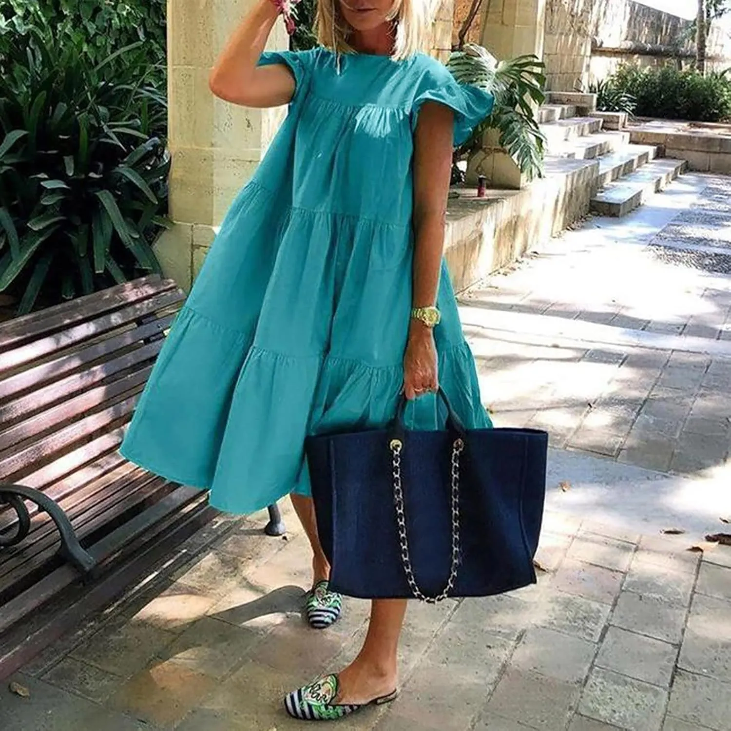 Summer Dresses for Women 2025,Women 's Plus Size Flowy Mini Dress Crew Neck Ruffle Short Sleeve Tiered Flowy Dresses