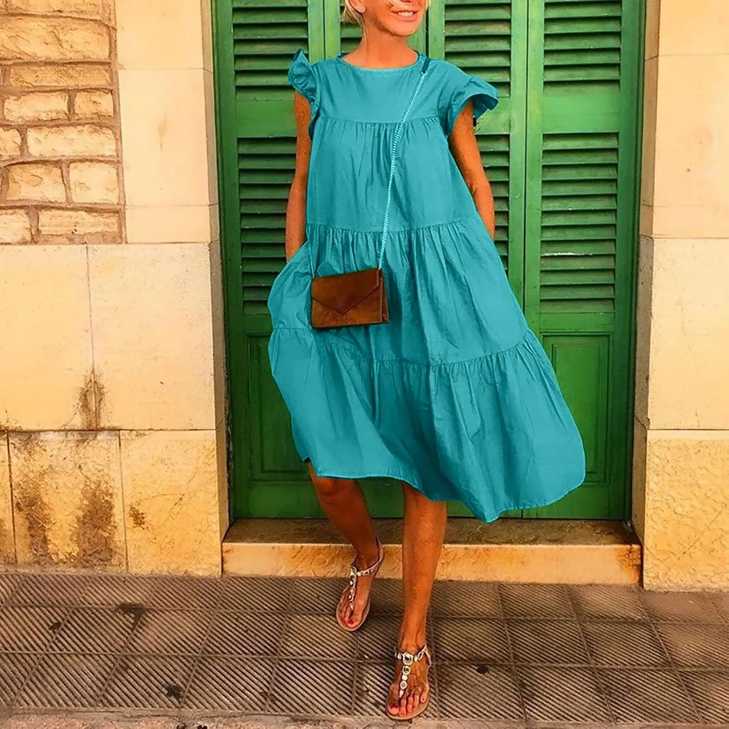 Summer Dresses for Women 2025,Women 's Plus Size Flowy Mini Dress Crew Neck Ruffle Short Sleeve Tiered Flowy Dresses